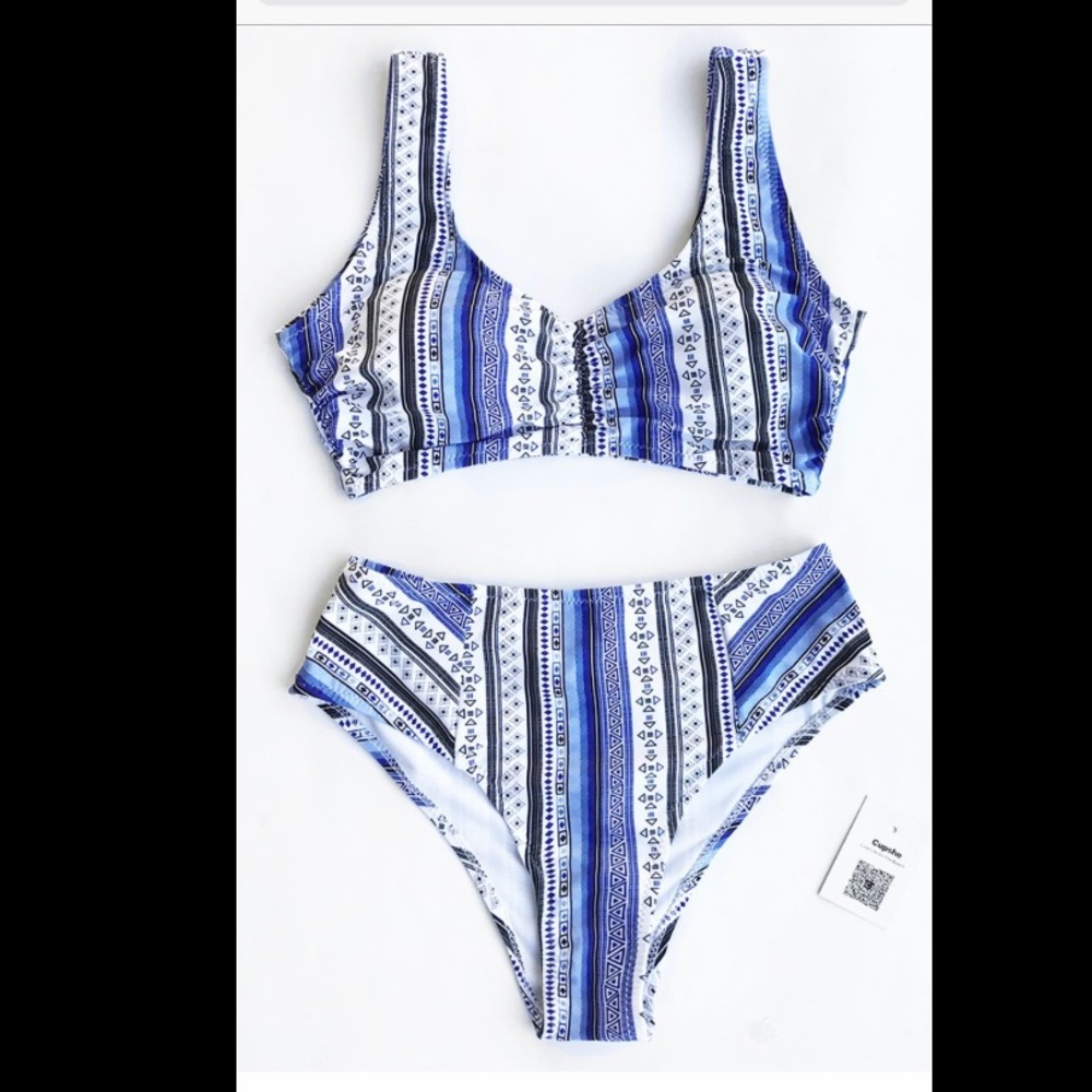 Cupshe Blue and White Striped Aztec Print High-Waist Bikini